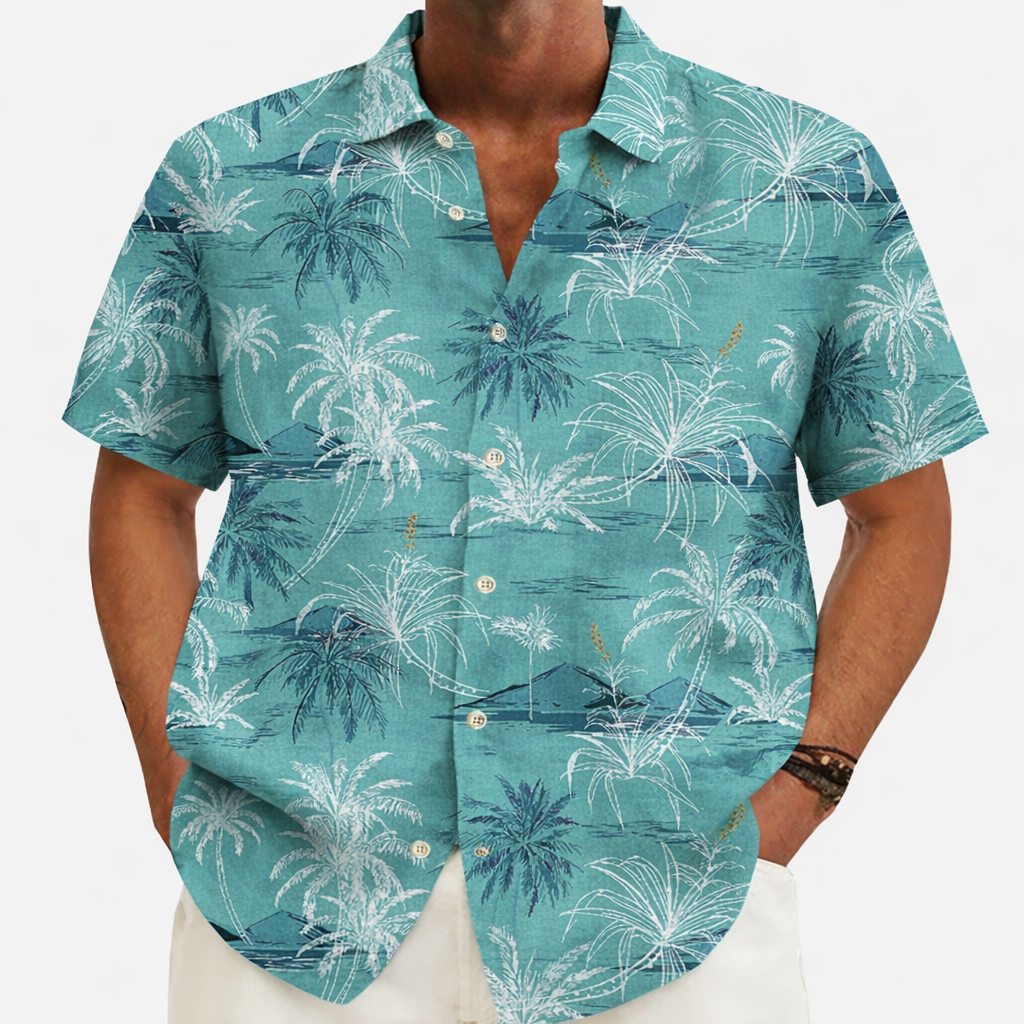 Hawaiian linen beach shirt for men white sky blue