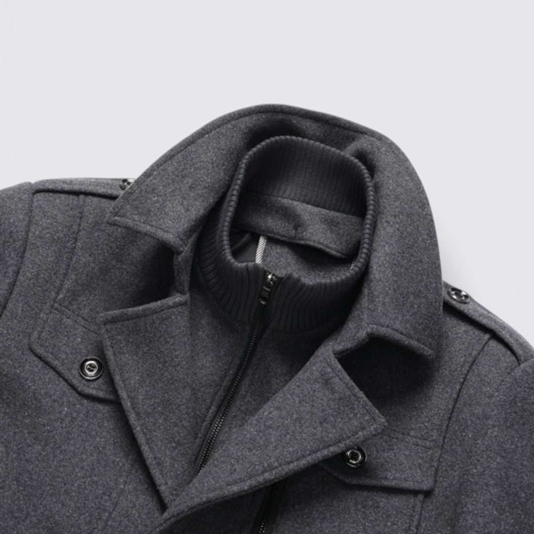 Men's Coat with Stand-up Collar - Long Coat - Front Zipper