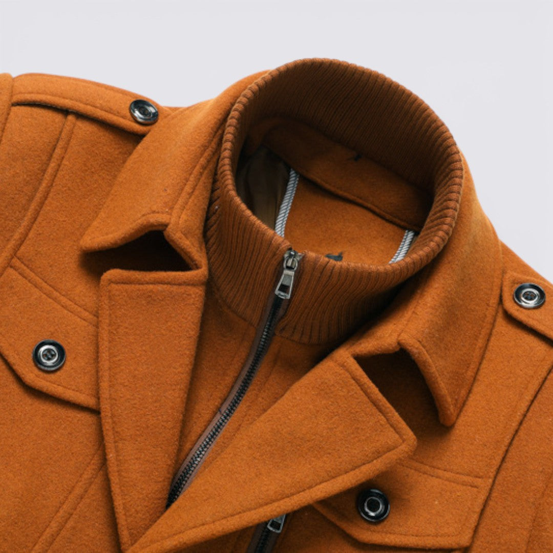 Men's Coat with Stand-up Collar - Long Coat - Front Zipper