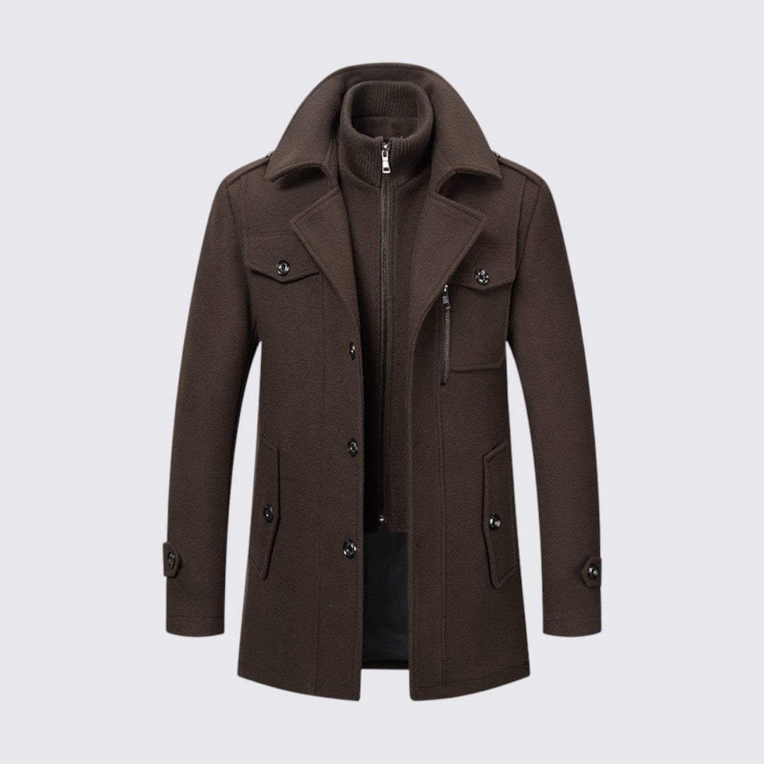 Men's Coat with Stand-up Collar - Long Coat - Front Zipper