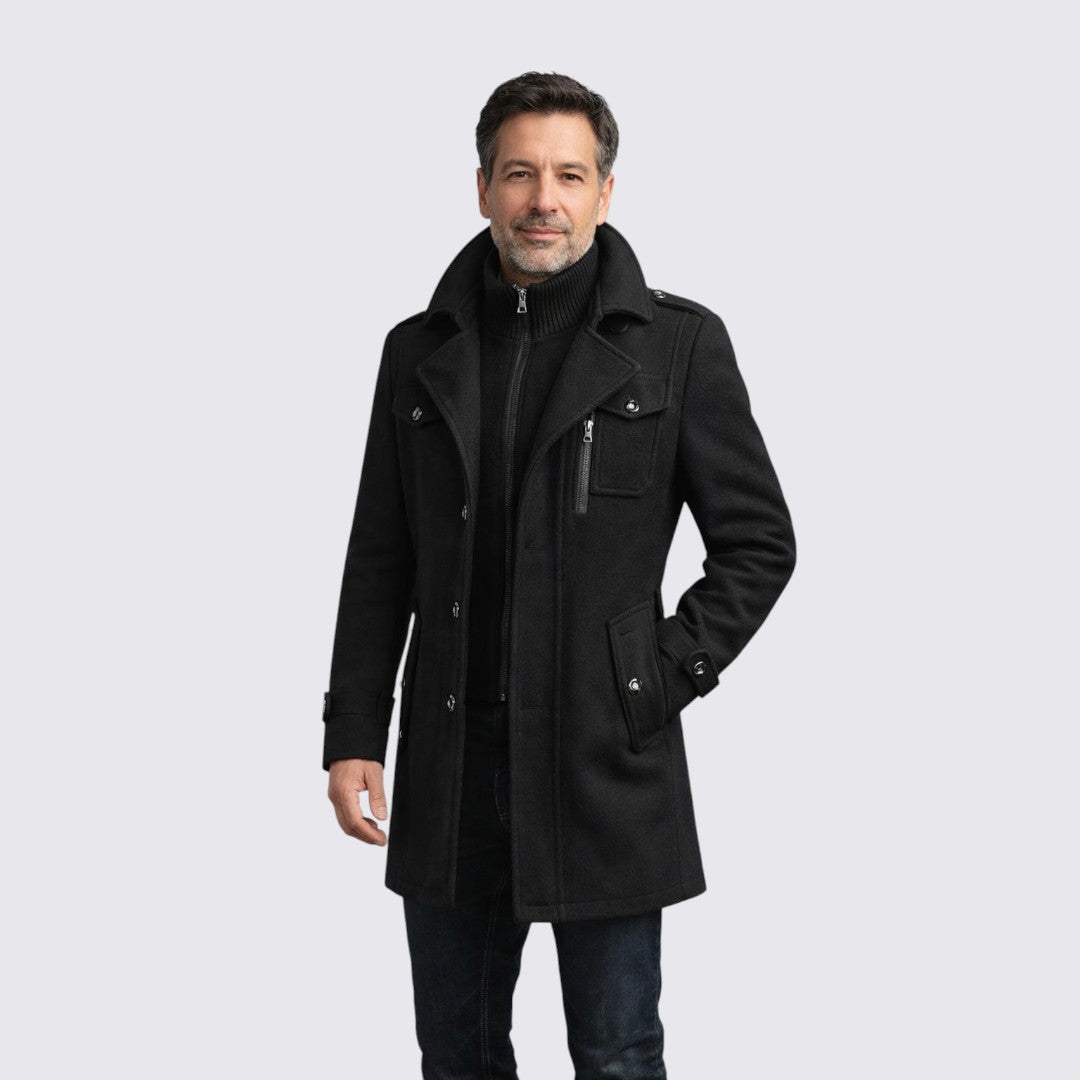 Men's Coat with Stand-up Collar - Long Coat - Front Zipper