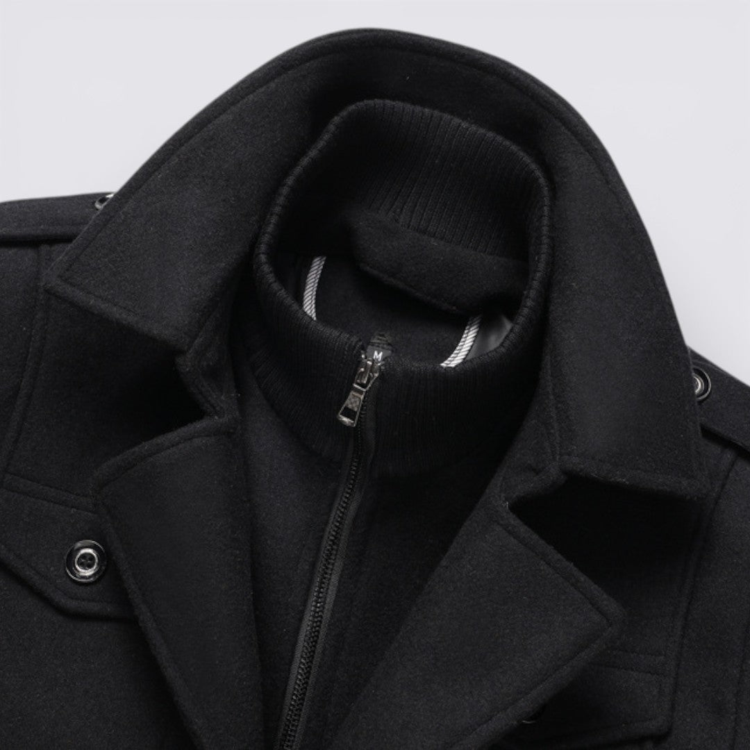 Men's Coat with Stand-up Collar - Long Coat - Front Zipper