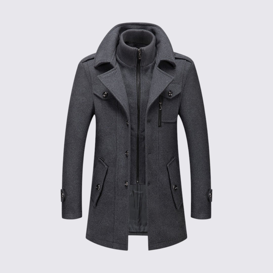 Men's Coat with Stand-up Collar - Long Coat - Front Zipper