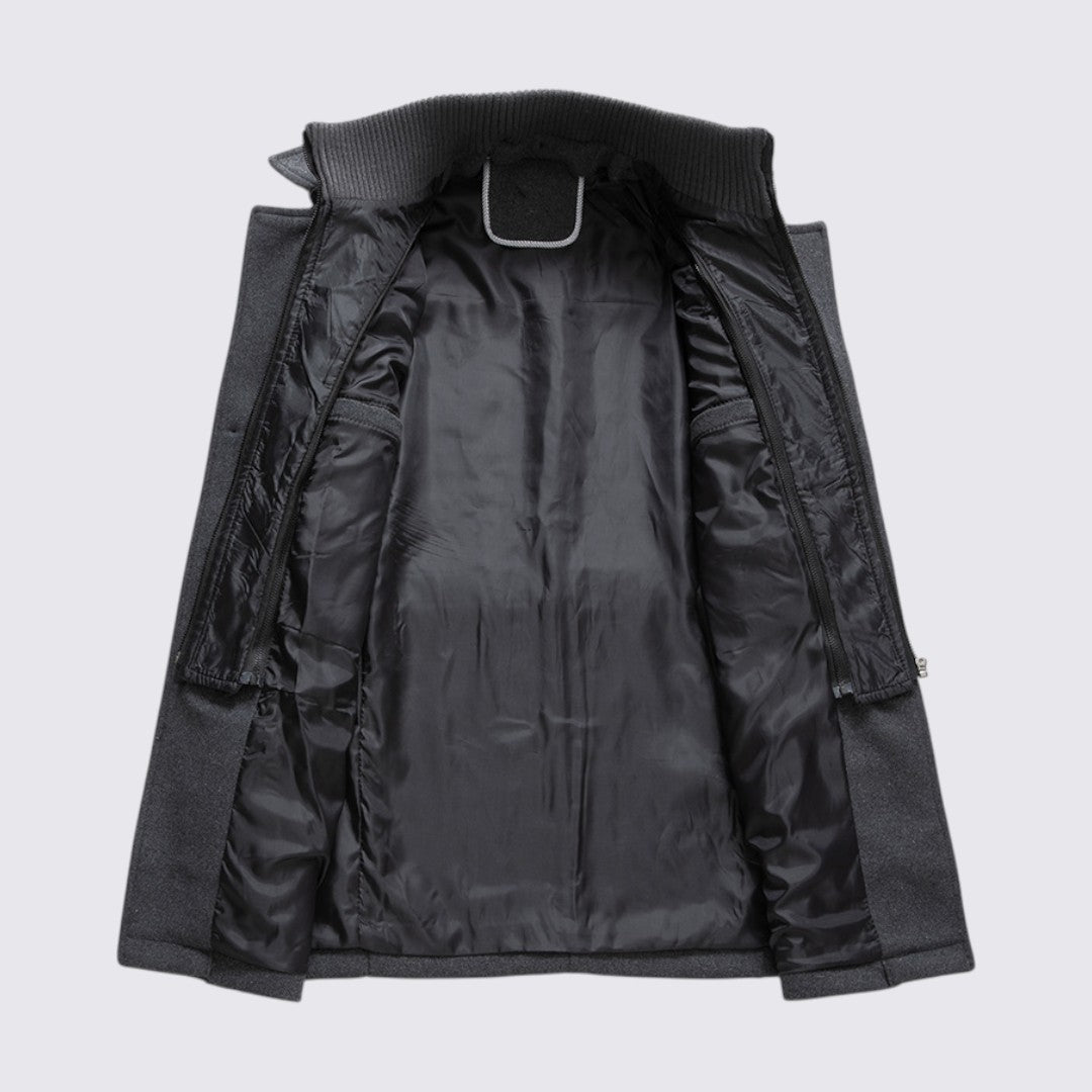 Men's Coat with Stand-up Collar - Long Coat - Front Zipper