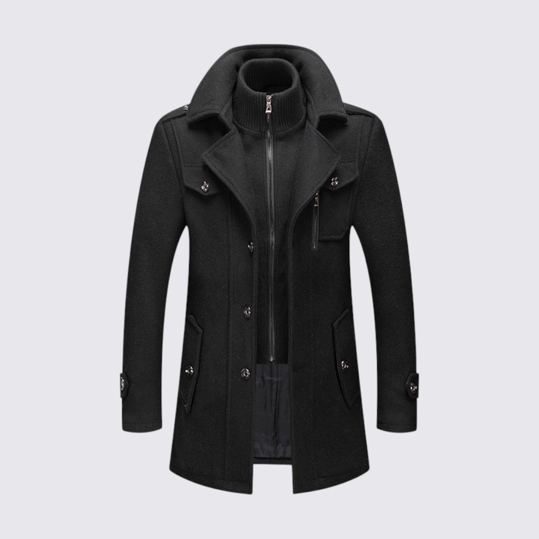 Men's Coat with Stand-up Collar - Long Coat - Front Zipper