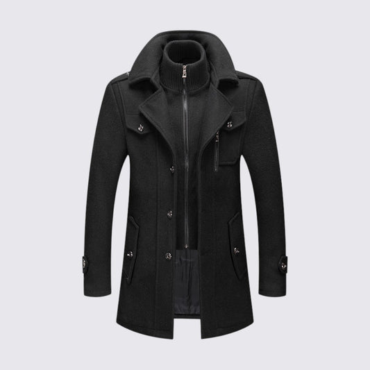 Men's Coat with Stand-up Collar - Long Coat - Front Zipper