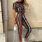 Damen Jumpsuit – Taillierter Schnitt mit Gürtel – Kurzarm – Streifenmuster – Knopfleiste