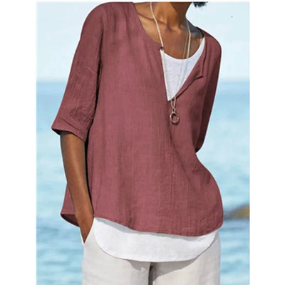 Elegante weiße Damenbluse mit O-Ausschnitt aus Leinen - Tamera