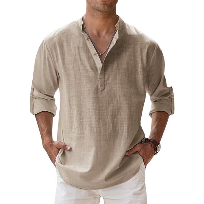Camicia da uomo in lino con colletto Henley