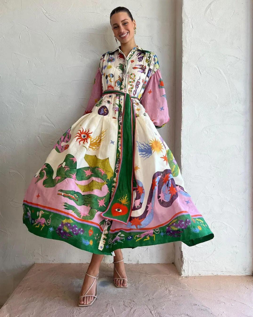 Matilda - Μακρύ φόρεμα με vintage σχέδιο και γιακά πόλο για γυναίκες