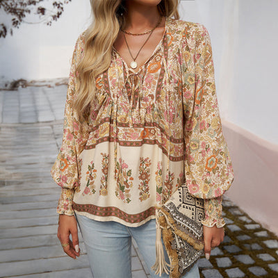 Boho Bluse Damen langarm mit Bindekragen aus leichtem Material