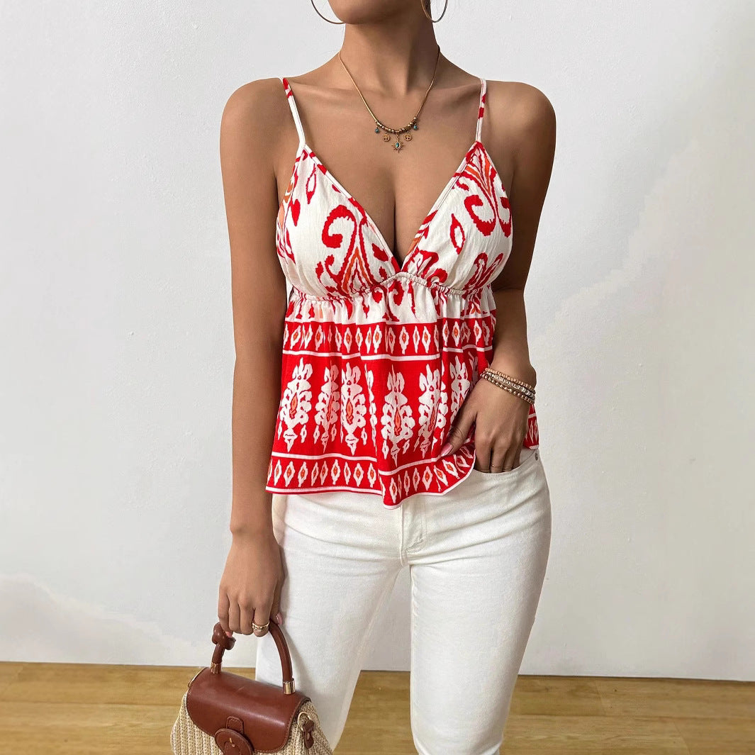 Boho Top Damen leicht tiefer V-Ausschnitt Spaghettiträger