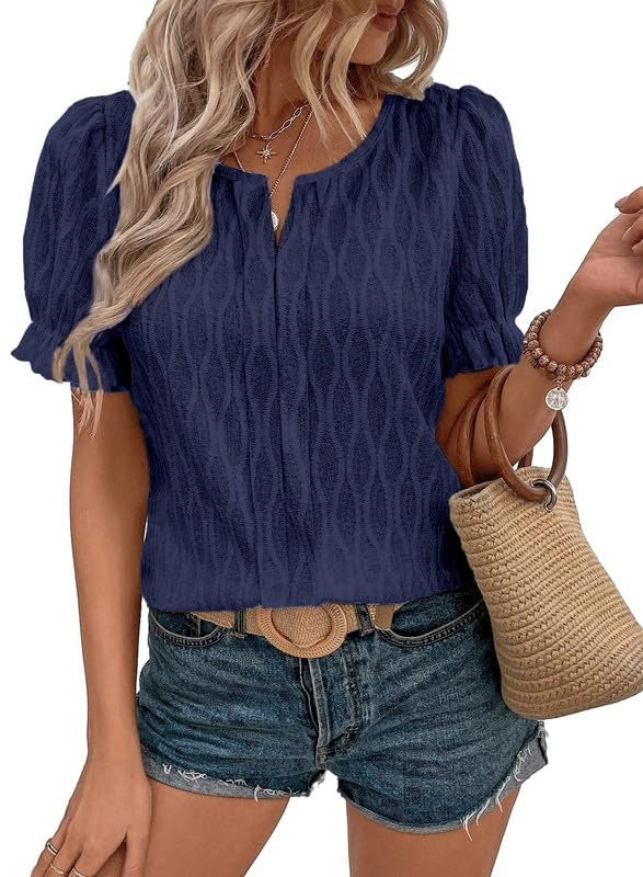 Top jacquard à manches bouffantes pour femmes – Tendance, décontracté et confortable