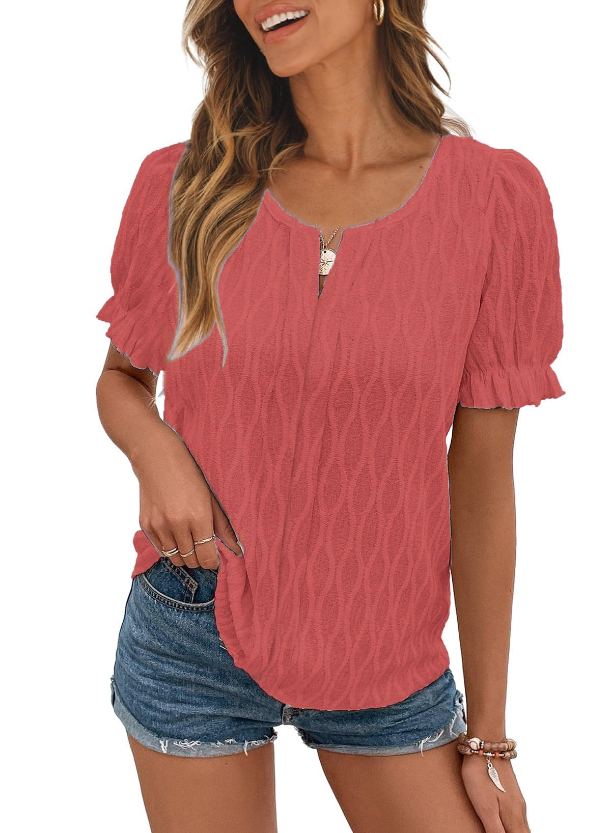 Top jacquard à manches bouffantes pour femmes – Tendance, décontracté et confortable