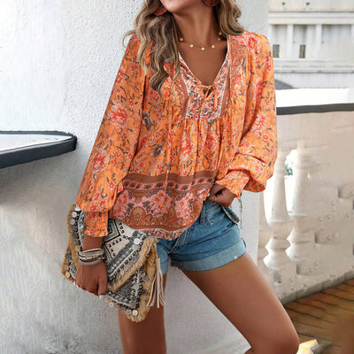 Boho Bluse Damen langarm mit Bindekragen aus leichtem Material