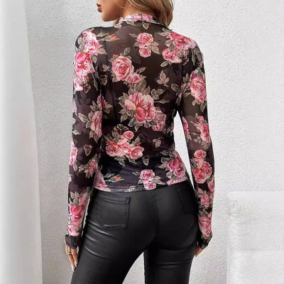 Mesh-Top mit Blumenmuster - Stehkragen und schmale Passform