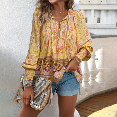 Boho Bluse Damen langarm mit Bindekragen aus leichtem Material
