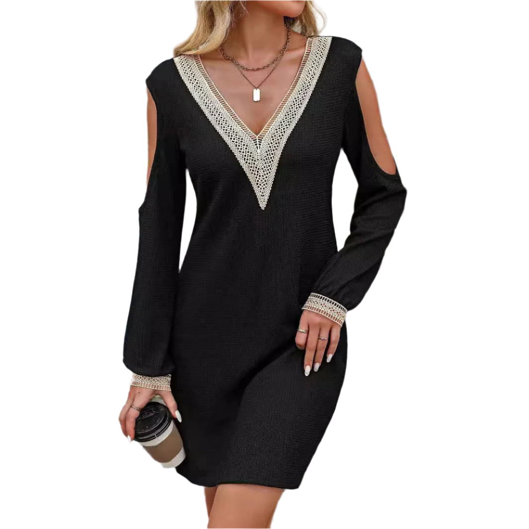 Abito con scollo a V e bordatura in pizzo – Stile elegante a maniche lunghe per ogni occasione