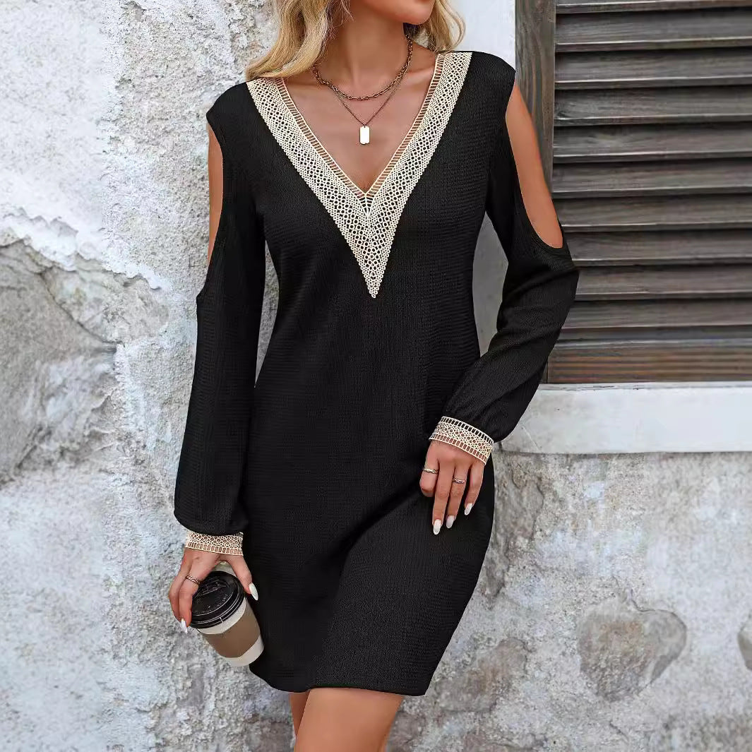 Kleid mit V-Ausschnitt und Spitzenbesatz – Eleganter Langarm-Stil für jeden Anlass