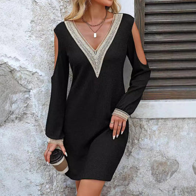 Kleid mit V-Ausschnitt und Spitzenbesatz – Eleganter Langarm-Stil für jeden Anlass