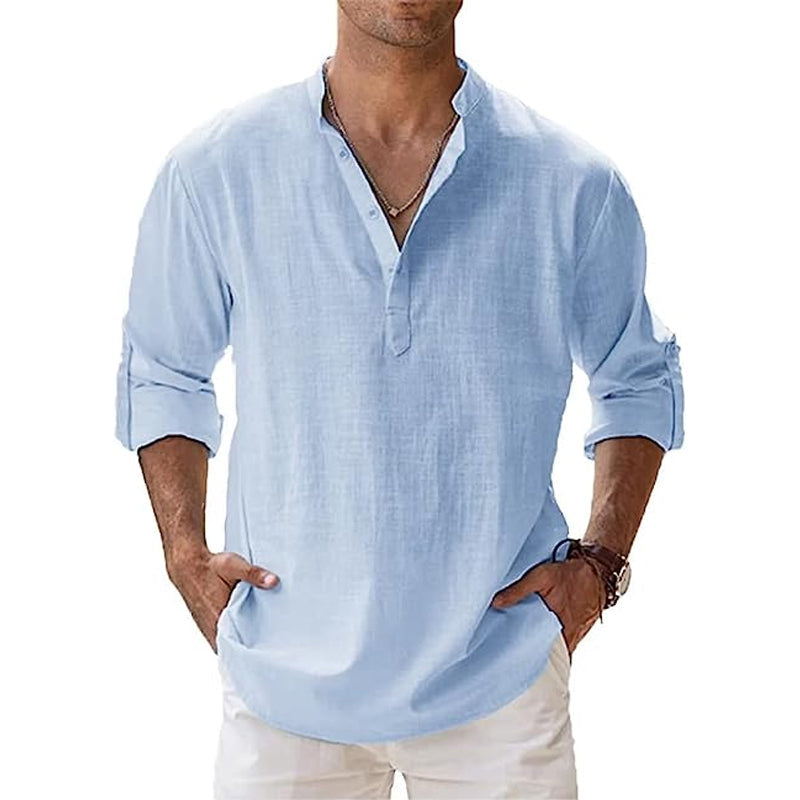 Camicia da uomo in lino con colletto Henley
