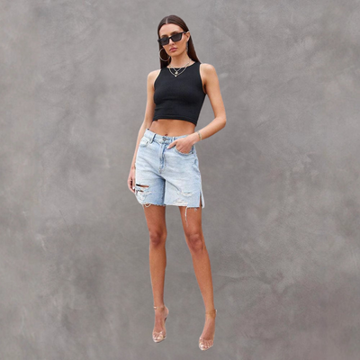 Damen Denim Shorts - Relaxed Fit - Distressed - Bermuda Länge - Five-Pocket Casual Style