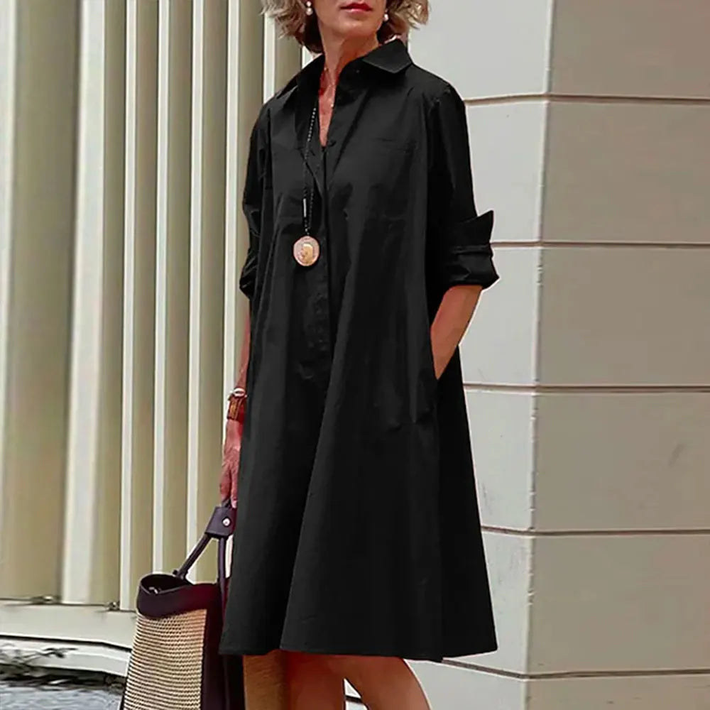 Women's Shirt Dress in A-Line - Buttoned - Long Sleeves - Classic Collar - Knee-Length