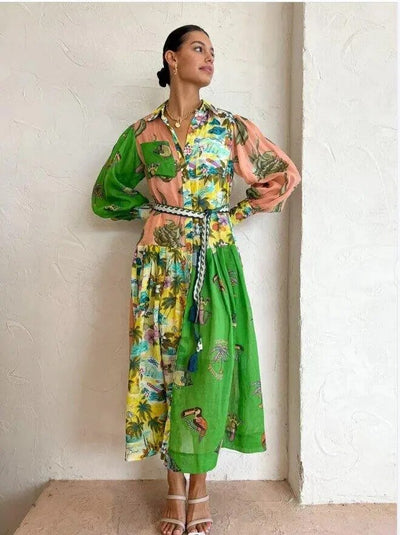 Matilda - Langes Kleid mit Vintage-Print und Polokragen für Damen