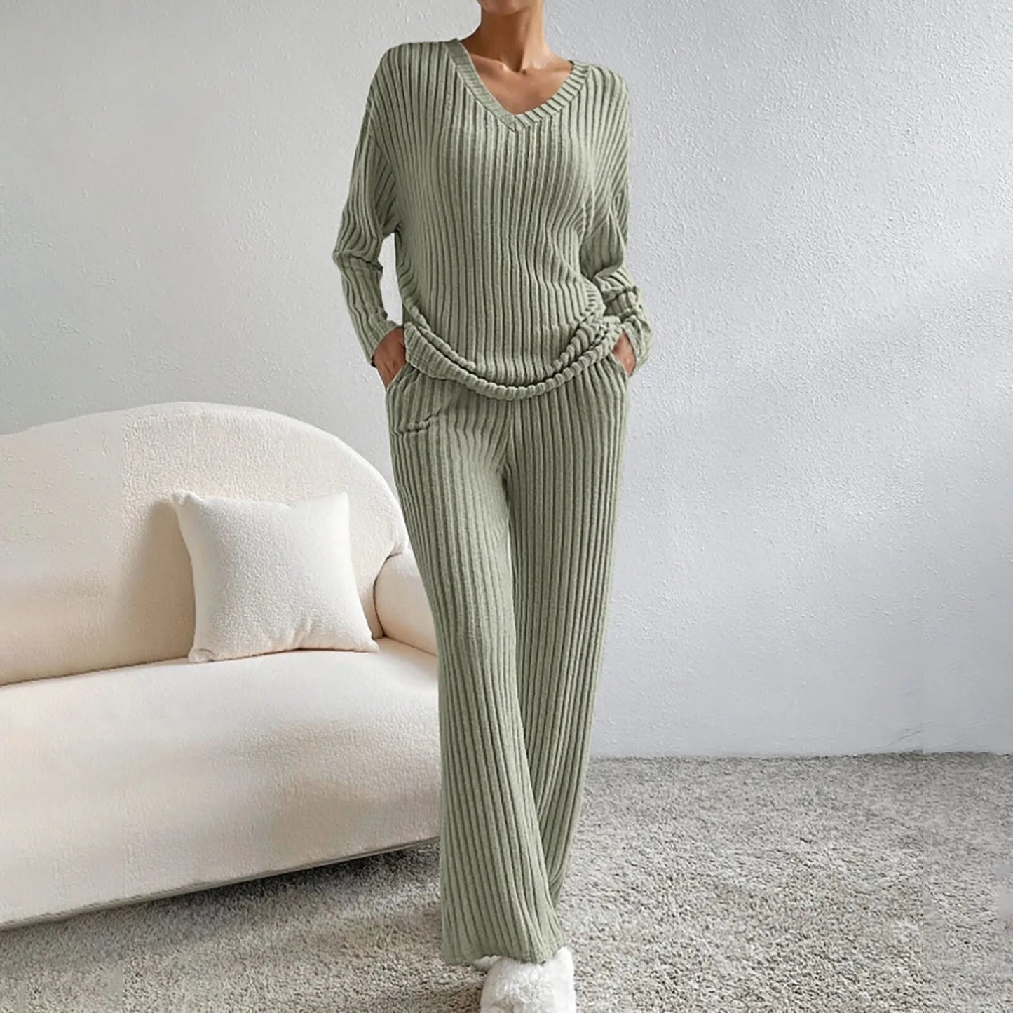 Set loungewear per donna | Set 2 pezzi in maglia a coste con scollo a V e vita elasticizzata