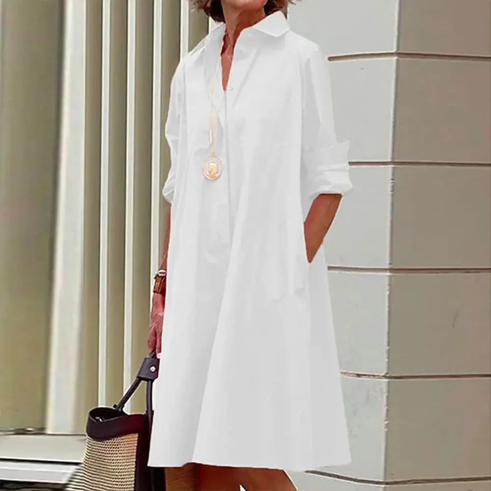 Women's Shirt Dress in A-Line - Buttoned - Long Sleeves - Classic Collar - Knee-Length