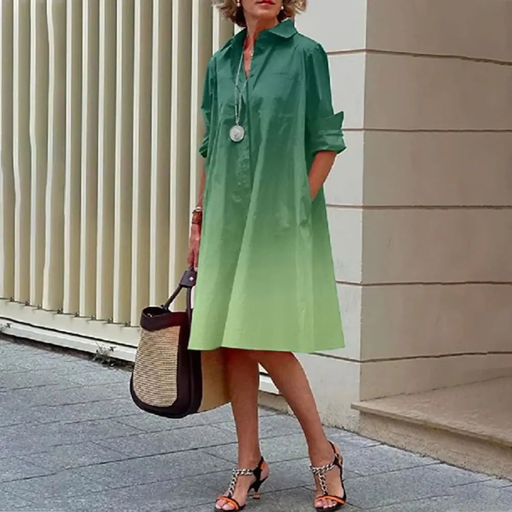Women's Shirt Dress in A-Line - Buttoned - Long Sleeves - Classic Collar - Knee-Length