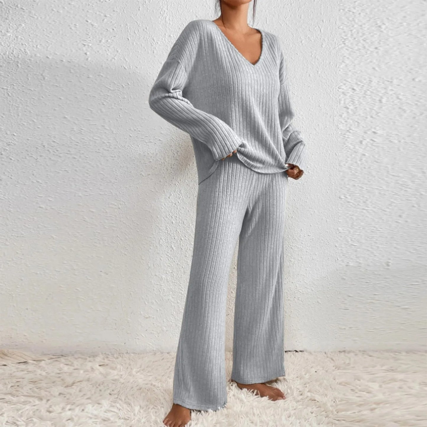 Set loungewear per donna | Set 2 pezzi in maglia a coste con scollo a V e vita elasticizzata