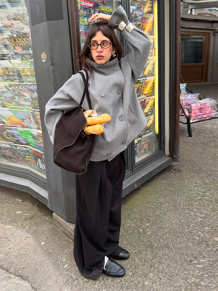 Damen Wollmantel | Hoher Kragen | Doppelter Knopfverschluss