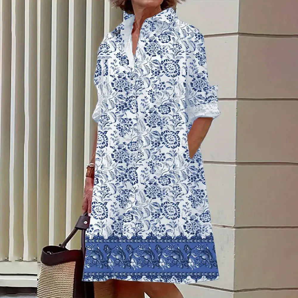 Women's Shirt Dress in A-Line - Buttoned - Long Sleeves - Classic Collar - Knee-Length