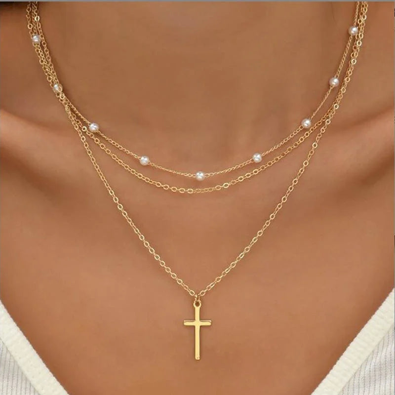 Lily | Conjunto de collar de oro y plata de 3 capas con colgante de corazón o cruz 