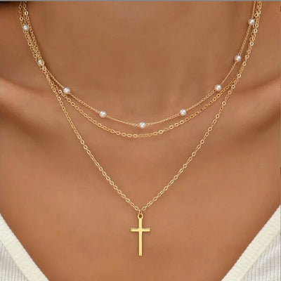 Lily | Conjunto de collar de oro y plata de 3 capas con colgante de corazón o cruz 