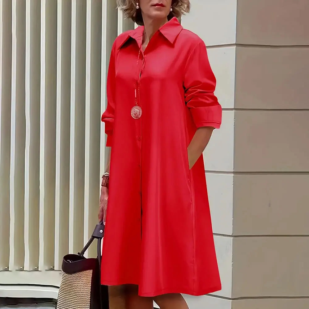 Women's Shirt Dress in A-Line - Buttoned - Long Sleeves - Classic Collar - Knee-Length