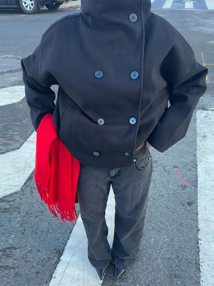 Damen Wollmantel | Hoher Kragen | Doppelter Knopfverschluss