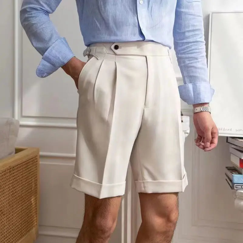 Shorts a medida para hombres - 100% algodón - parte delantera plisada - dobladillo con puño - ajuste hasta la rodilla