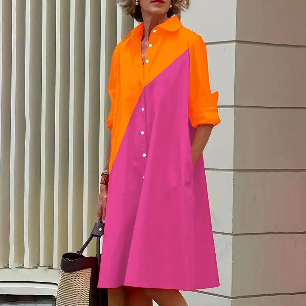 Women's Shirt Dress in A-Line - Buttoned - Long Sleeves - Classic Collar - Knee-Length
