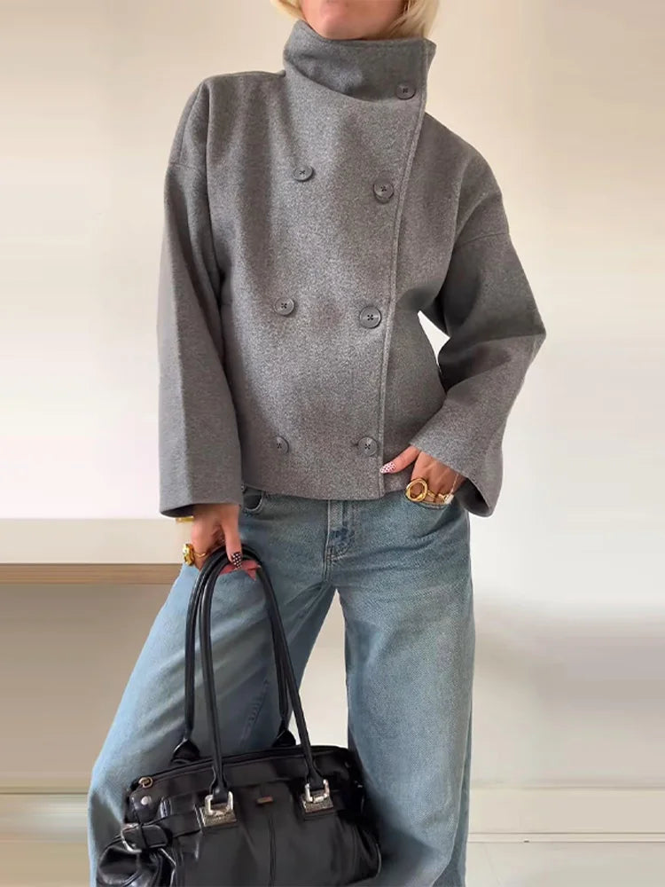 Damen Wollmantel | Hoher Kragen | Doppelter Knopfverschluss
