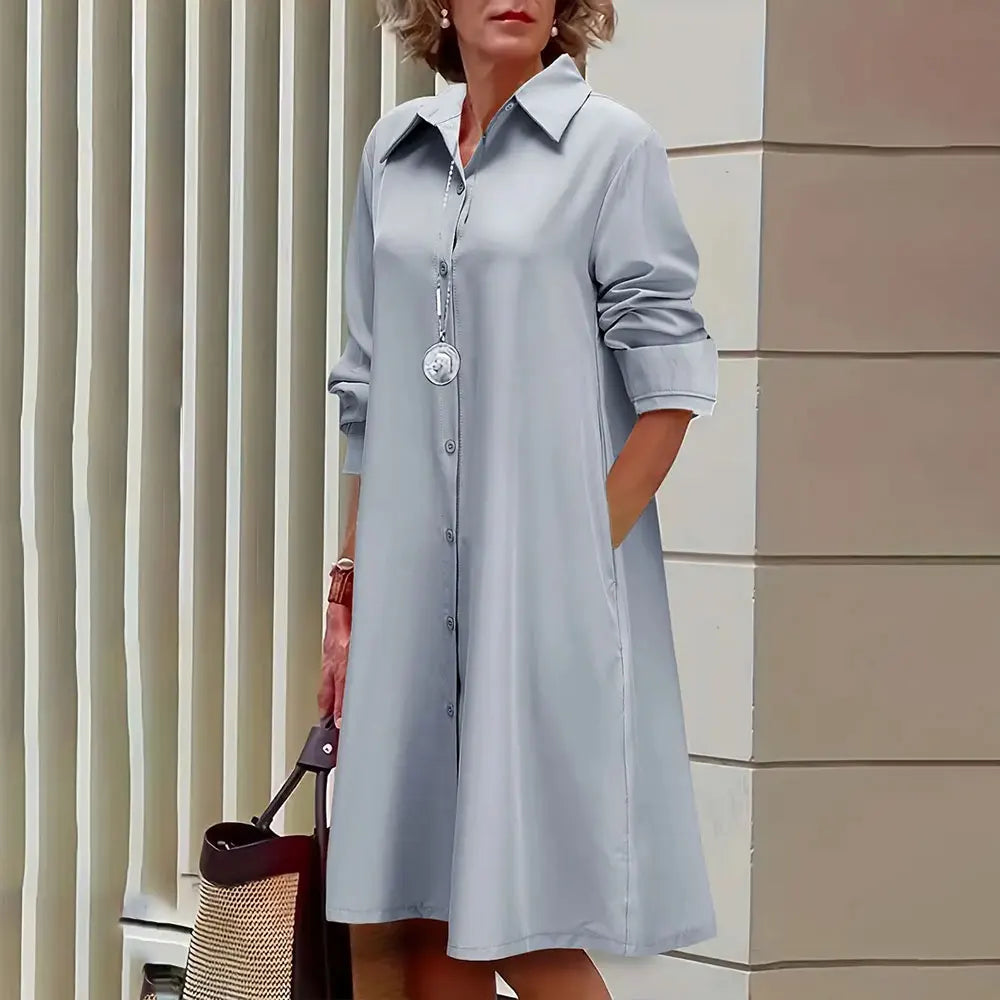 Women's Shirt Dress in A-Line - Buttoned - Long Sleeves - Classic Collar - Knee-Length