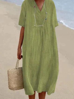 Women's Linen Dress with V-Neck and Short Sleeves - Relaxed Fit