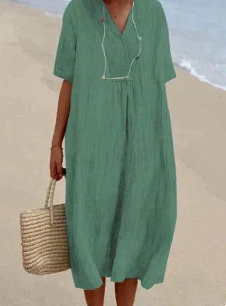 Women's Linen Dress with V-Neck and Short Sleeves - Relaxed Fit