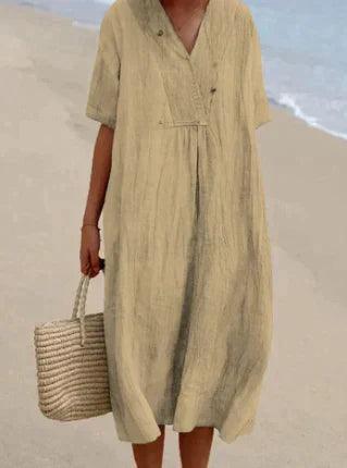 Women's Linen Dress with V-Neck and Short Sleeves - Relaxed Fit