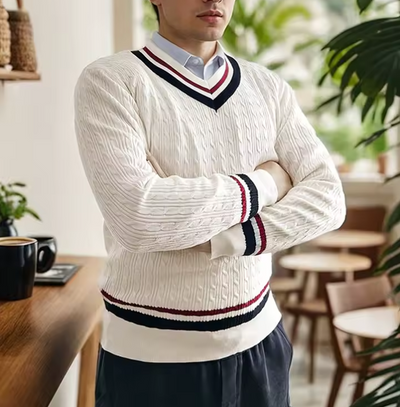 El Conde - Stylischer gestrickter Herren-Pullover mit V-Ausschnitt, lässiger College-Stil für Herbst und Winter