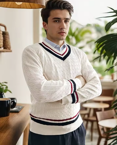 El Conde - Stylischer gestrickter Herren-Pullover mit V-Ausschnitt, lässiger College-Stil für Herbst und Winter