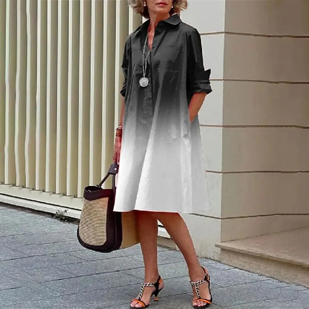 Women's Shirt Dress in A-Line - Buttoned - Long Sleeves - Classic Collar - Knee-Length