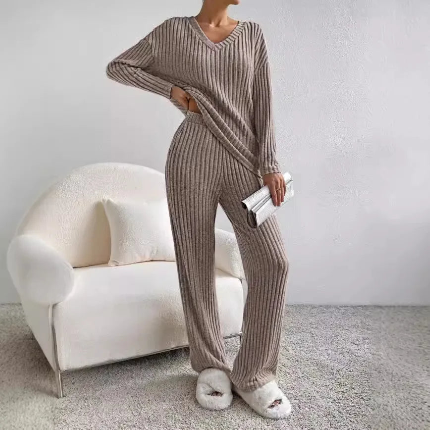 Set loungewear per donna | Set 2 pezzi in maglia a coste con scollo a V e vita elasticizzata