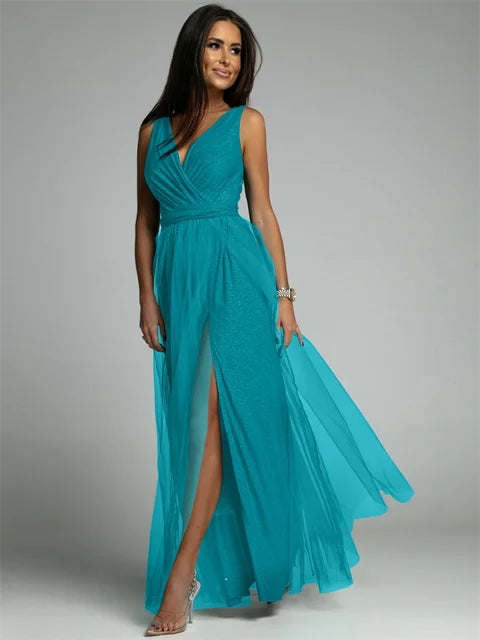 Elisa | Abendkleid mit Netzdetails und hohem Schlitz